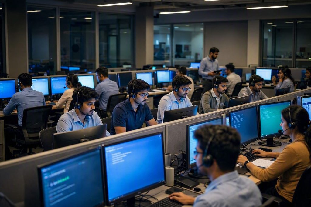 Call centre employees working at computer workstations in an office, used as a representative image for the ED raid on a Pune call centre allegedly scamming US citizens.