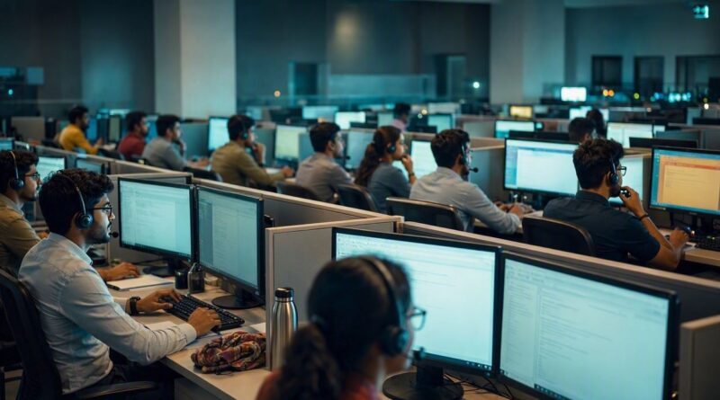 Call centre employees working at computer workstations in an office, used as a representative image for the ED raids on a Pune call centre allegedly scamming US citizens.