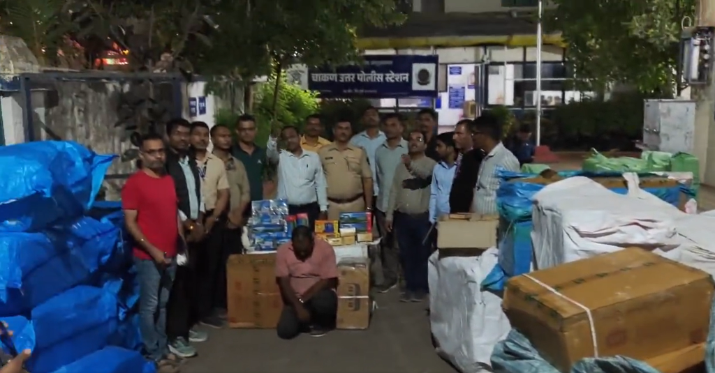FDA Gutkha Seizure Chakan: Officials with seized gutkha and pan masala at Chakan North Police Station